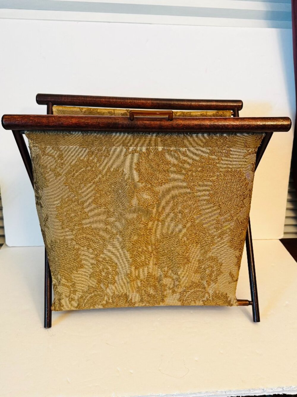 Vtg Folding Knitting Sewing 15" Caddy Yarn Bag Wood Frame MCM